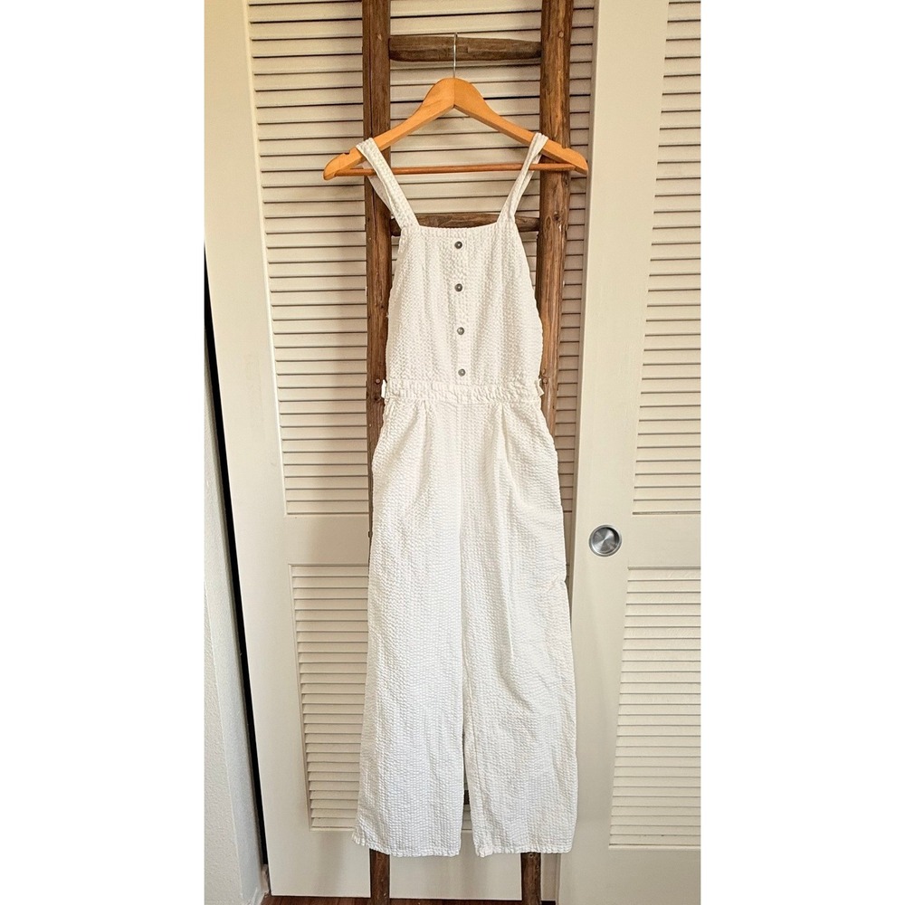 Roxy Jumpsuit XS White‎ Cotton Seersucker Wide Leg Overalls